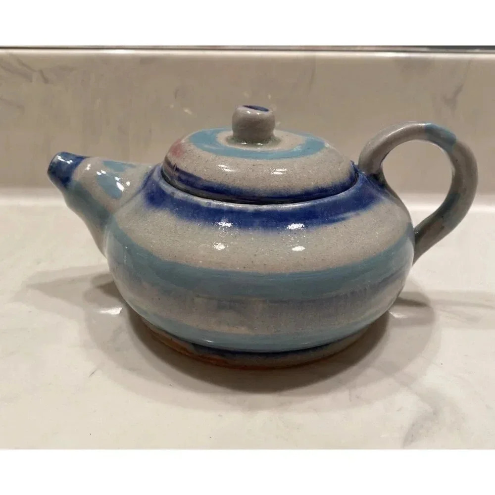 Small Teapot Blue Glazed Pottery 3.75" H  X 4.75" W X 7.5" L
